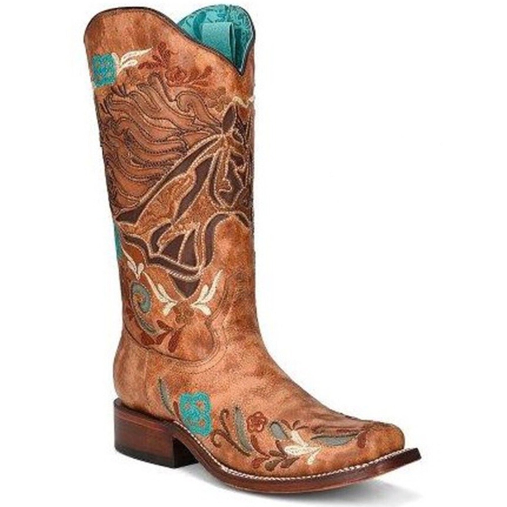 NEW Corral Womens Iridescent Horse Inlay Floral Embroidery Western Boots Brown